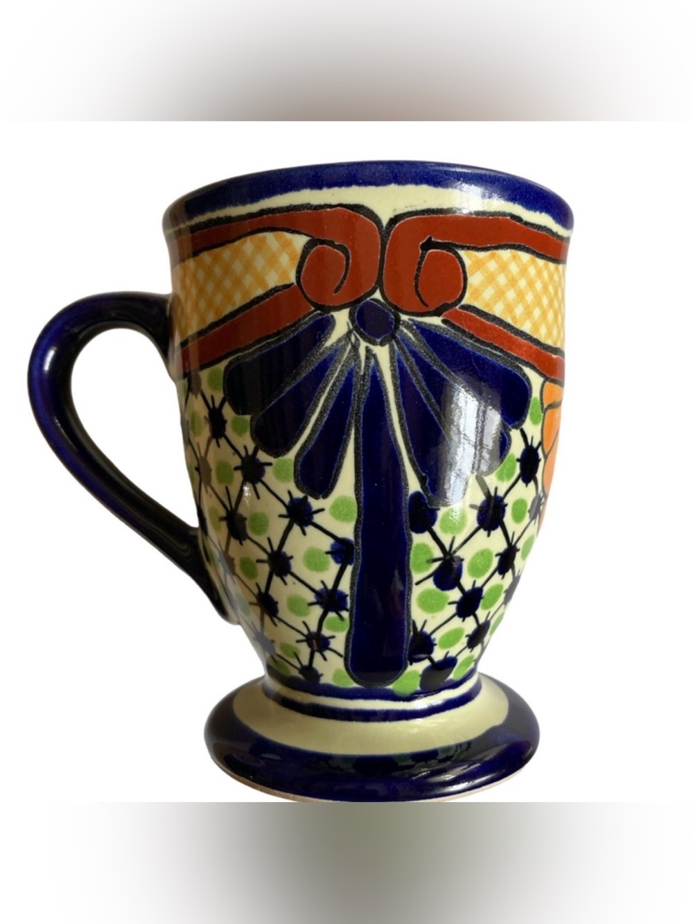 Mexican Art Pottery Footed Coffee Mug Cup Lead Free Signed Garay EUC